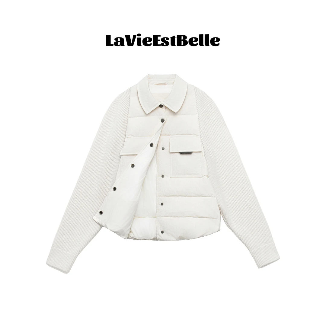 【暖冬绒织】90鹅绒米白色针织袖拼接翻领绗缝羽绒服SY-W062
