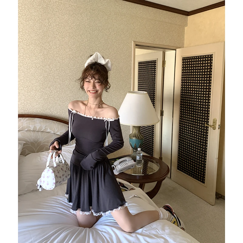 【淑女燕尾】辣妹蕾丝边一字肩连衣裙女收腰短裙子4087