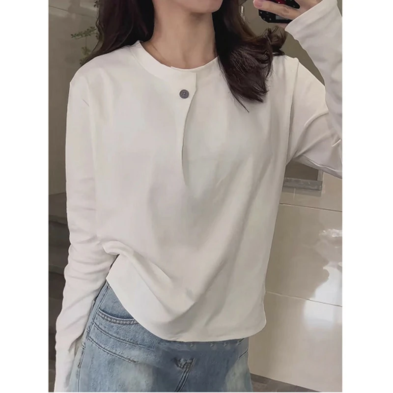2025秋季新款韩版纯棉一粒扣白色长袖T恤女宽松极简风内搭白T恤潮