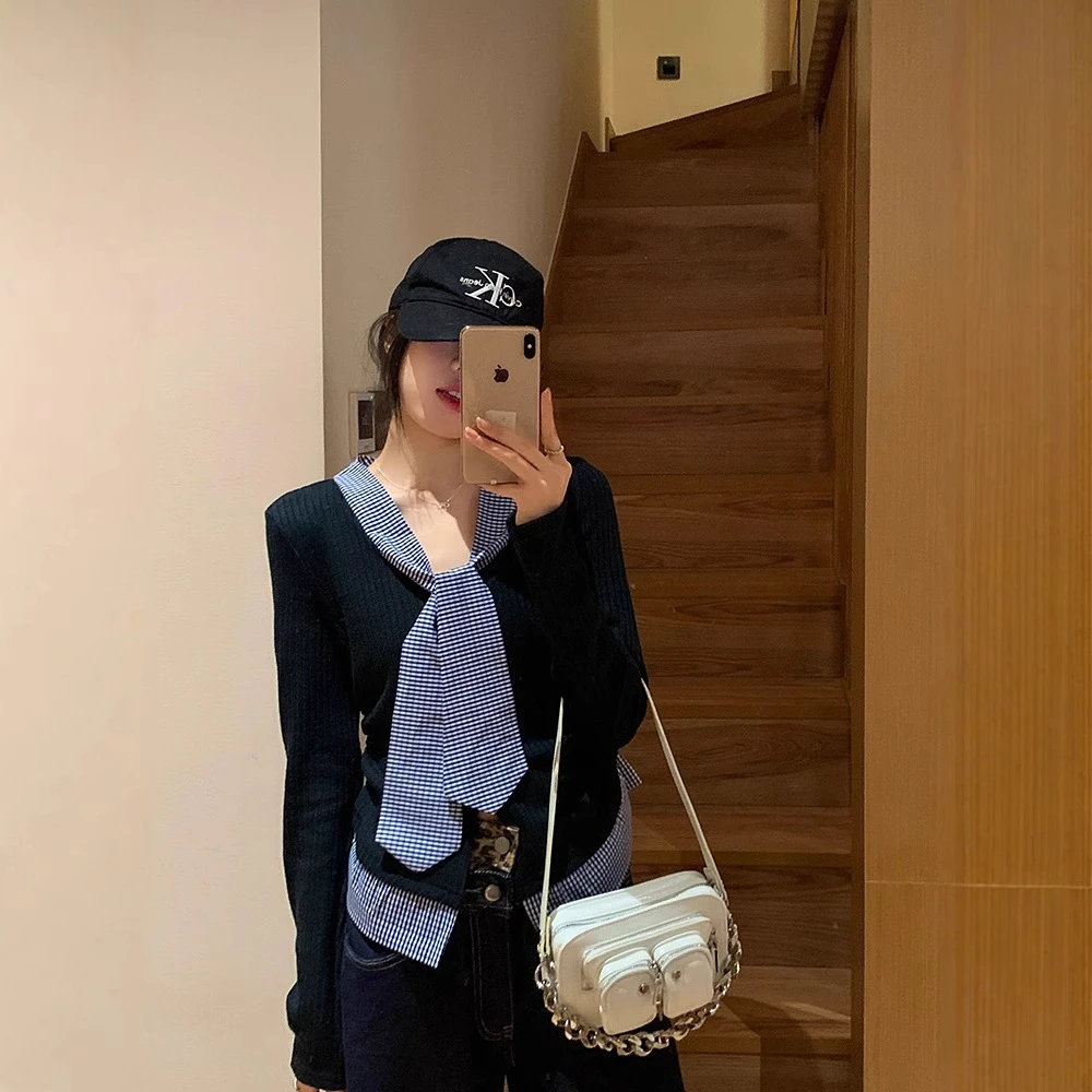 早春假两件长袖拼接格子休闲韩版针织衫设计感气质修身百搭女上衣