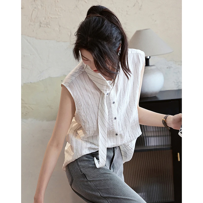 【重百粉丝专享】德·玛纳智性条纹夏季含亚麻不规则领衬衫气质衬衣