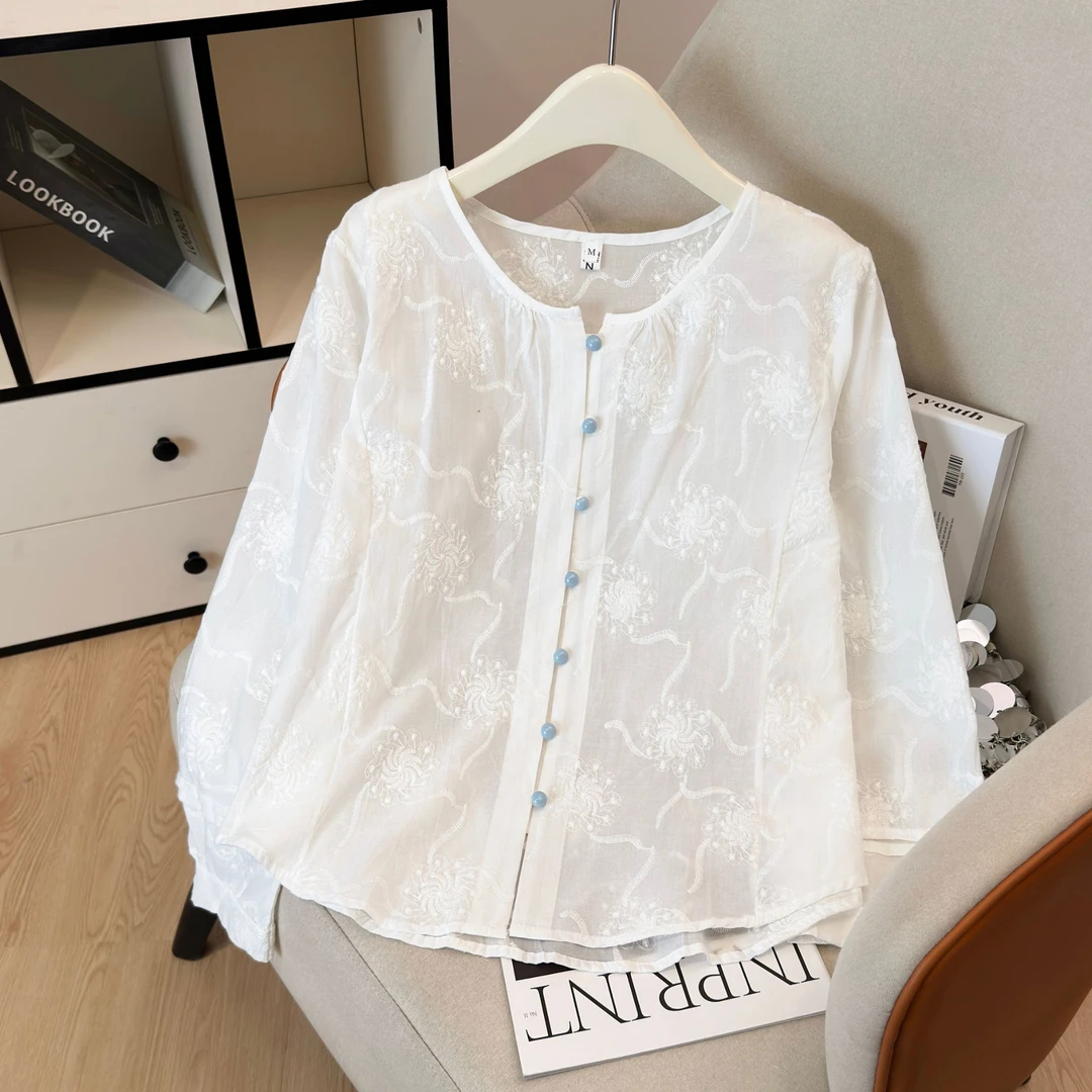 100%棉绣花秋季小众百搭圆领白色长袖袖衬衫上衣设计感刺绣薄款