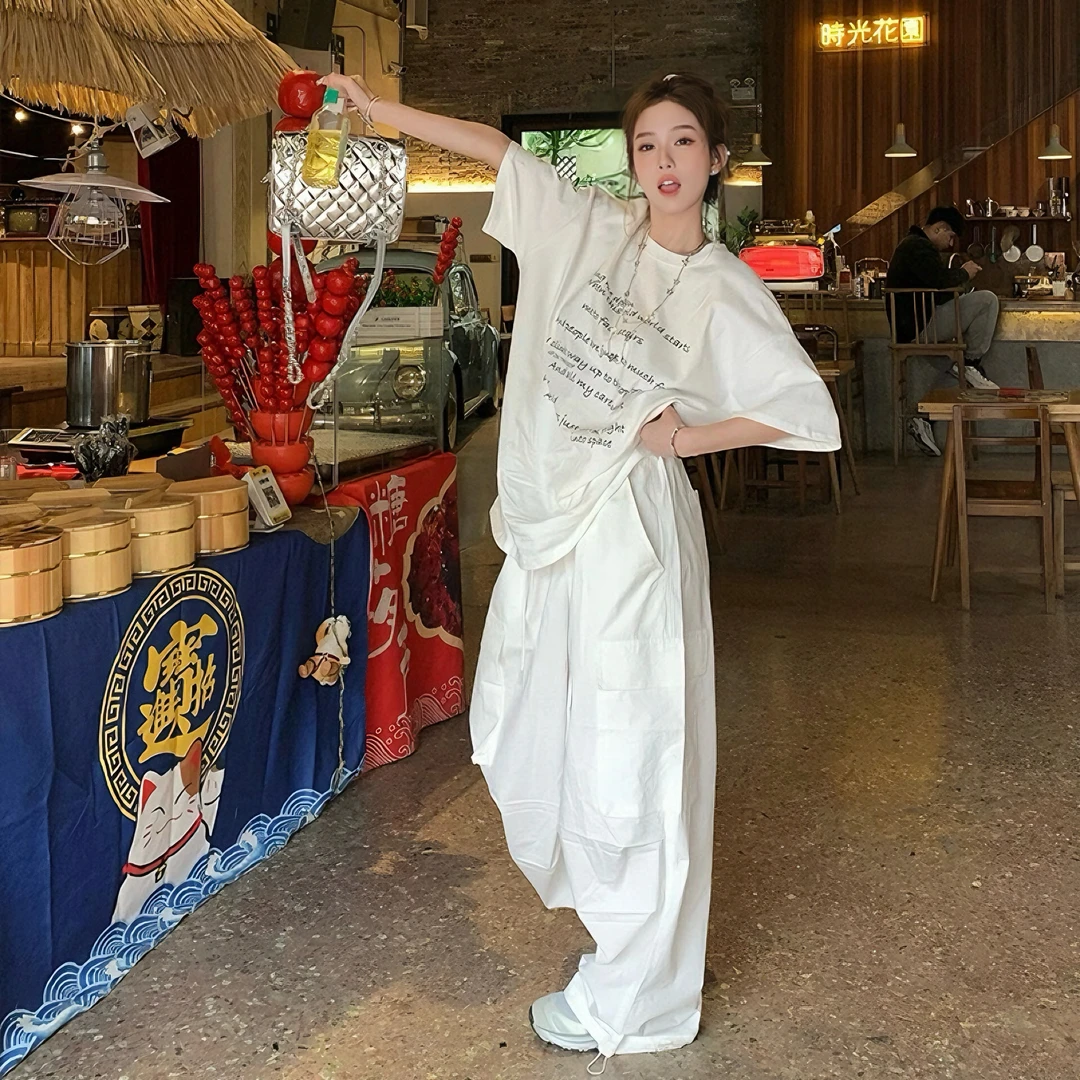 美式潮牌复古白色字母短袖t恤女2025夏季新款中长款半袖纯棉上衣