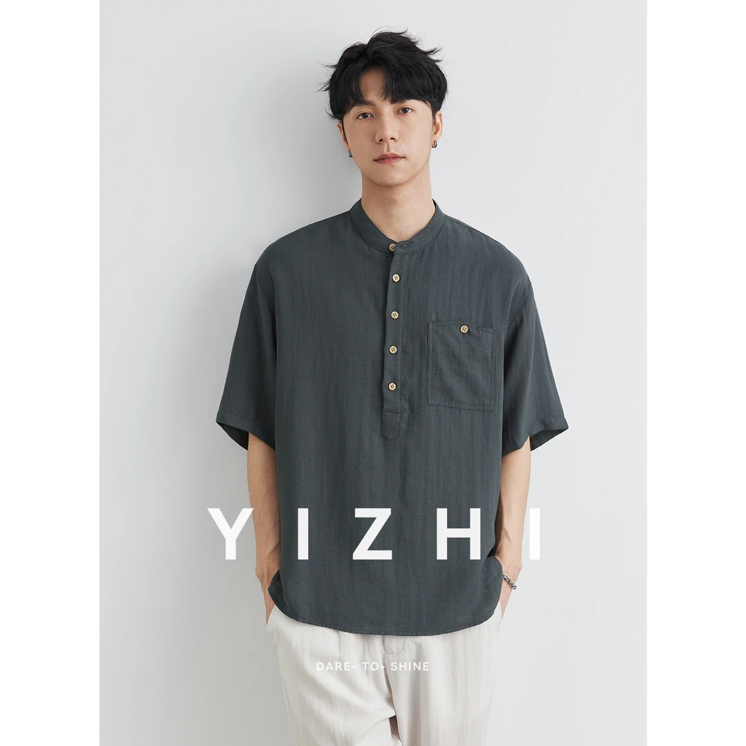 亦止老钱风亨利领短袖衬衫男夏季2025新款日系复古宽松休闲衬衣薄