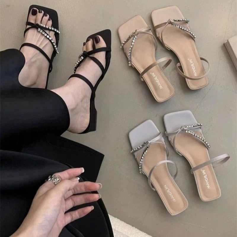 法式交叉带水钻粗跟拖鞋女2025夏新款露趾气质仙女风配裙子凉拖鞋