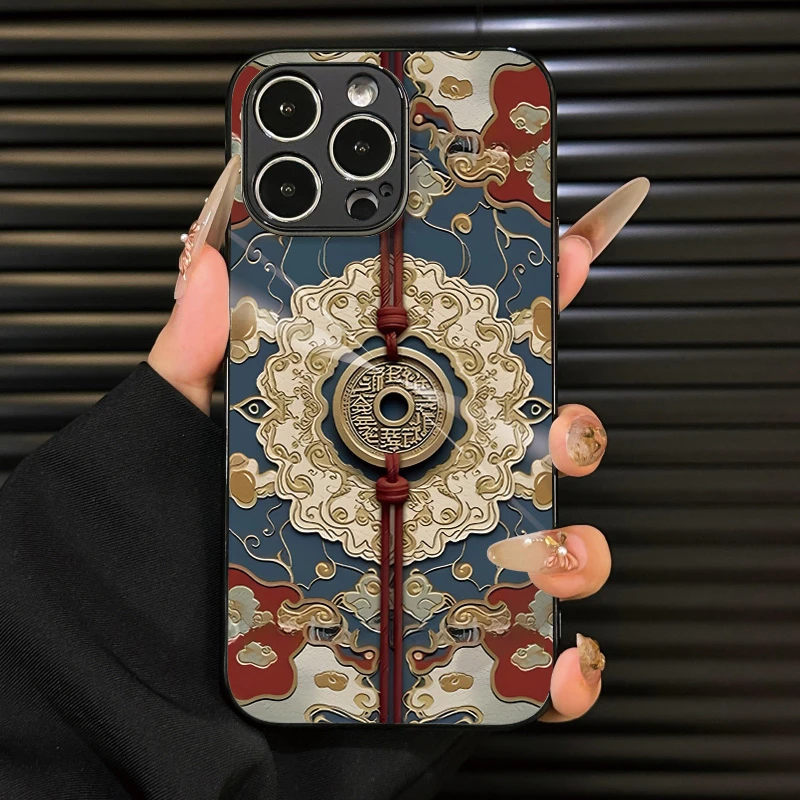 高级极光纹理适用于苹果17PRO手机壳招财铜币苹果16/15/14/13/12