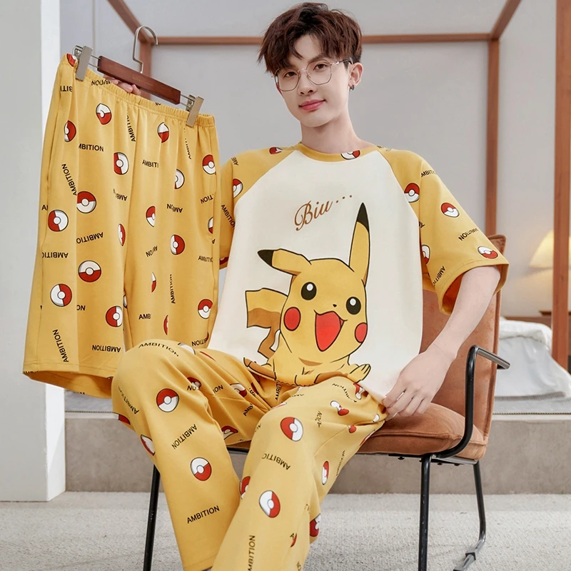YUZHAOLIN/俞兆林卡通可爱大码纯棉夏季睡衣休闲短袖长裤三件套装