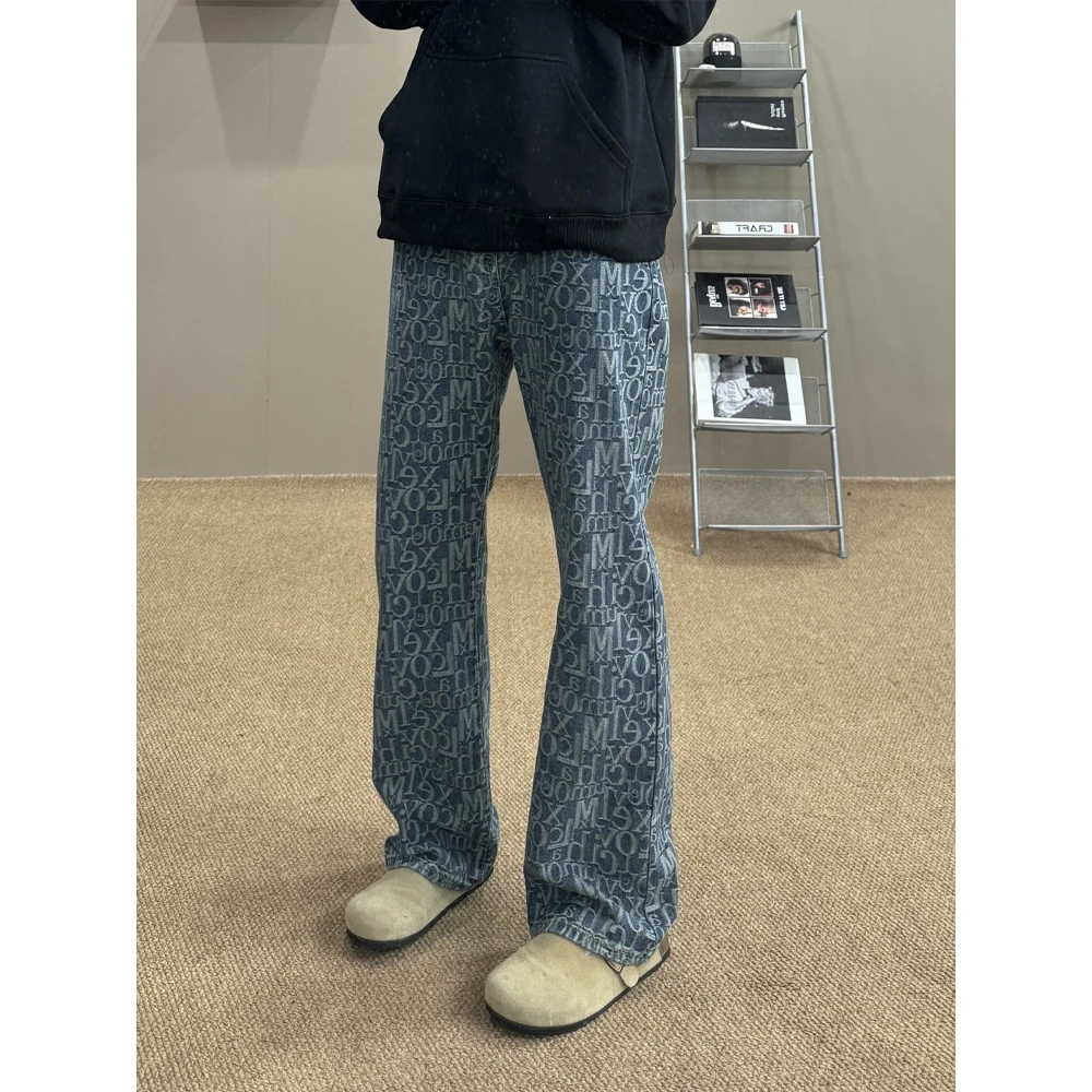 2025新款字母提花牛仔裤男款春季潮牌vibe美式高街裤子直筒微喇裤