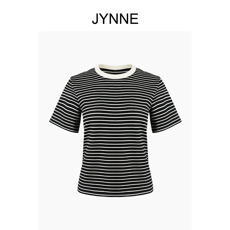 景一女装新款高支纱埃及棉条纹简约宽松圆领T恤