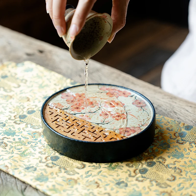 赞朴青花火石红全瓷储水壶承纯手绘梅花圆形茶盘茶托茶道配件托盘