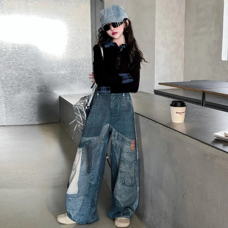 女童短款长袖打底衫春秋款2025新款中大儿童洋气上衣牛仔裤两件套