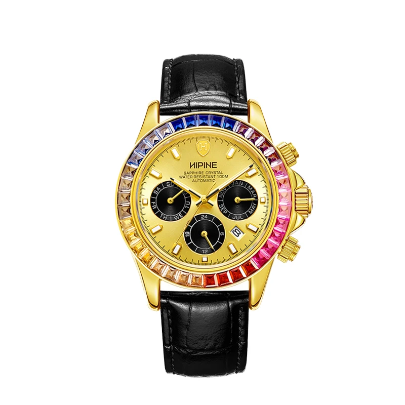 金表男彩虹迪自动机械表999足金表带进口机械机芯黄金手表男士