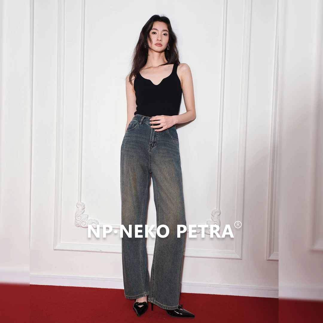 NEKO PETRA 复古高腰牛仔裤2025新款春季直筒裤显瘦潮流做旧休闲