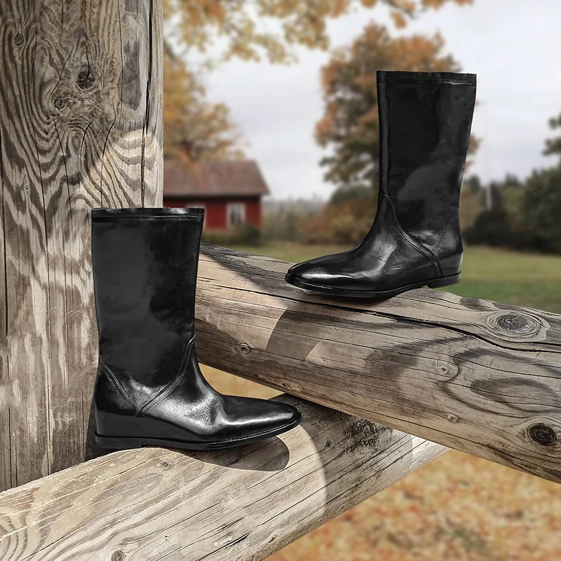 平底内增高裤管靴平跟高筒骑士靴马皮不过膝长靴真皮女靴