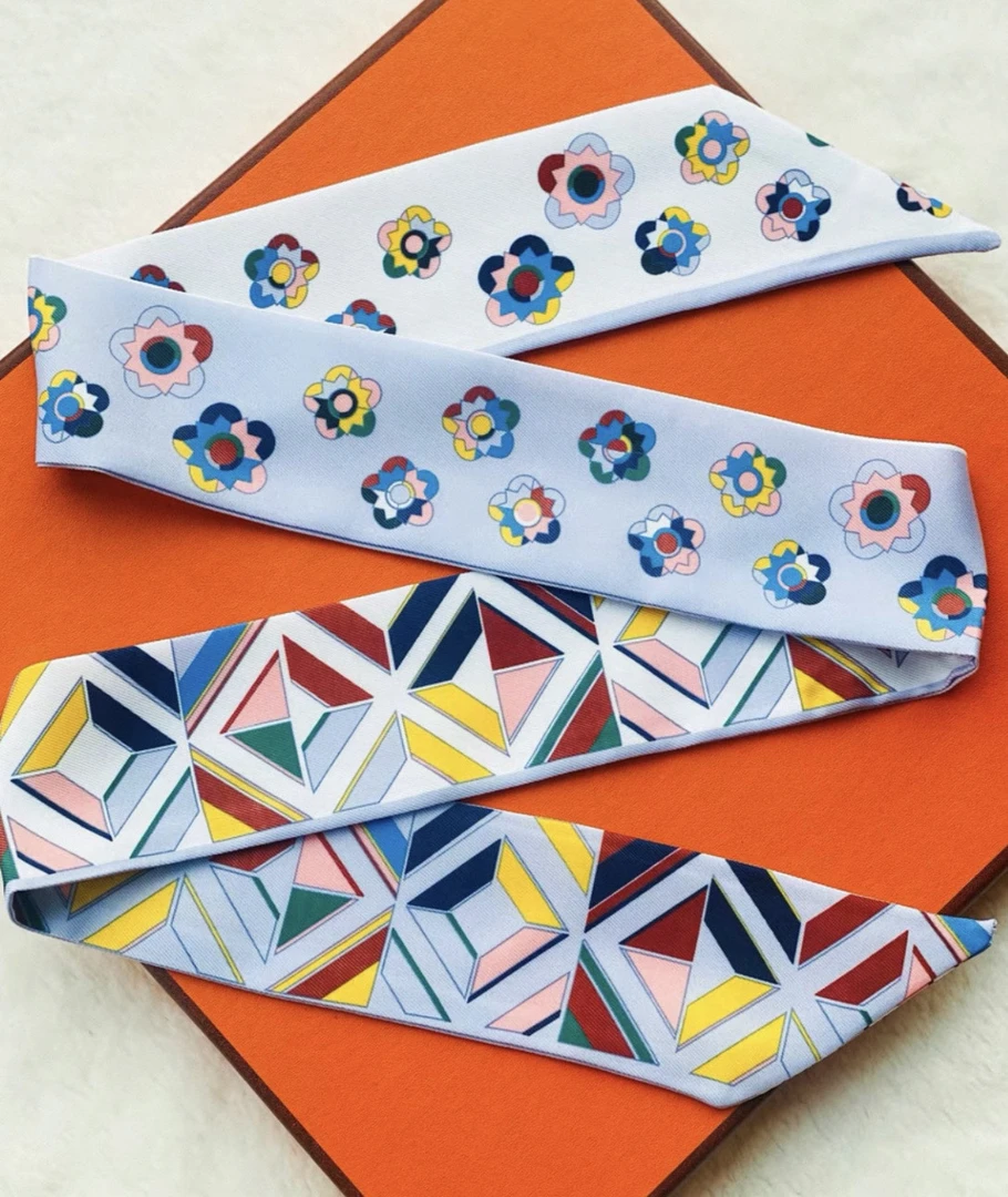 几何小花丝巾百搭围巾13*148高端领巾条巾