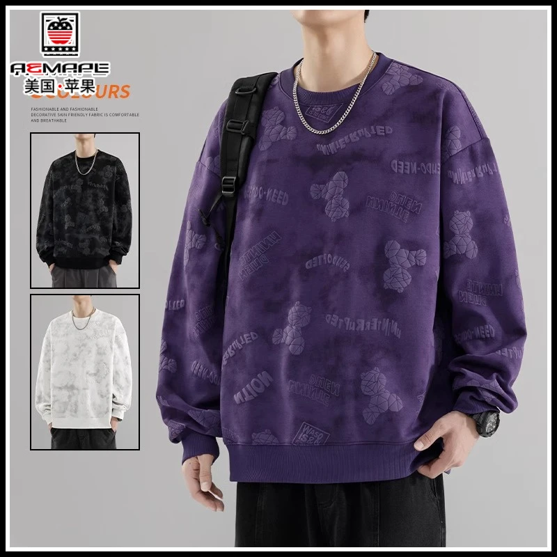 苹果美式复古卫衣男士长袖T恤春秋季新款宽松圆领加绒加厚上衣服