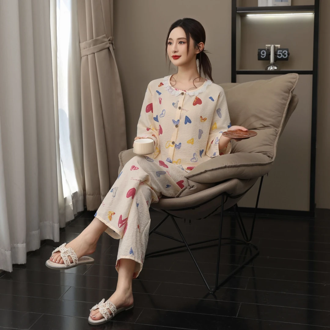 云朵棉睡衣家居服套装春夏上衣套装春秋印花大码