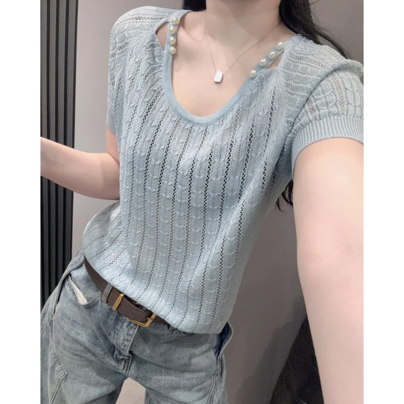 麻花镂空短袖女冰丝针织衫遮肚子显瘦宽松性感露锁骨低圆领上衣夏