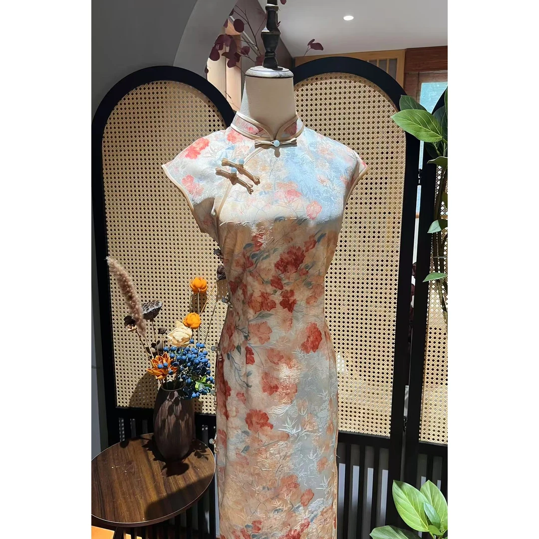 戚薇原创【锦上添花包肩袖】长118夏季高品质提花缎国风单层旗袍