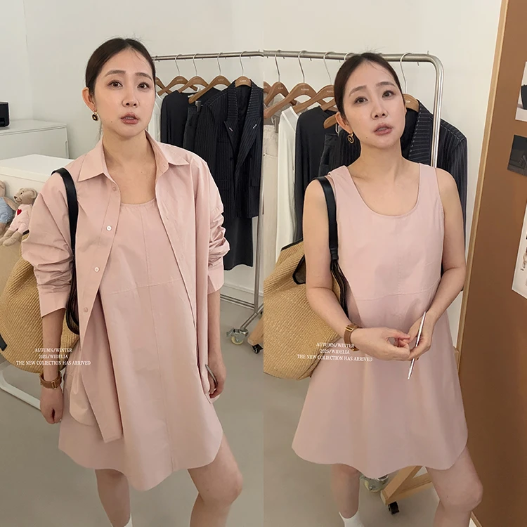 widelia陈姬儿夏季韩版简约粉色长袖衬衫无袖背心裙套装女7120
