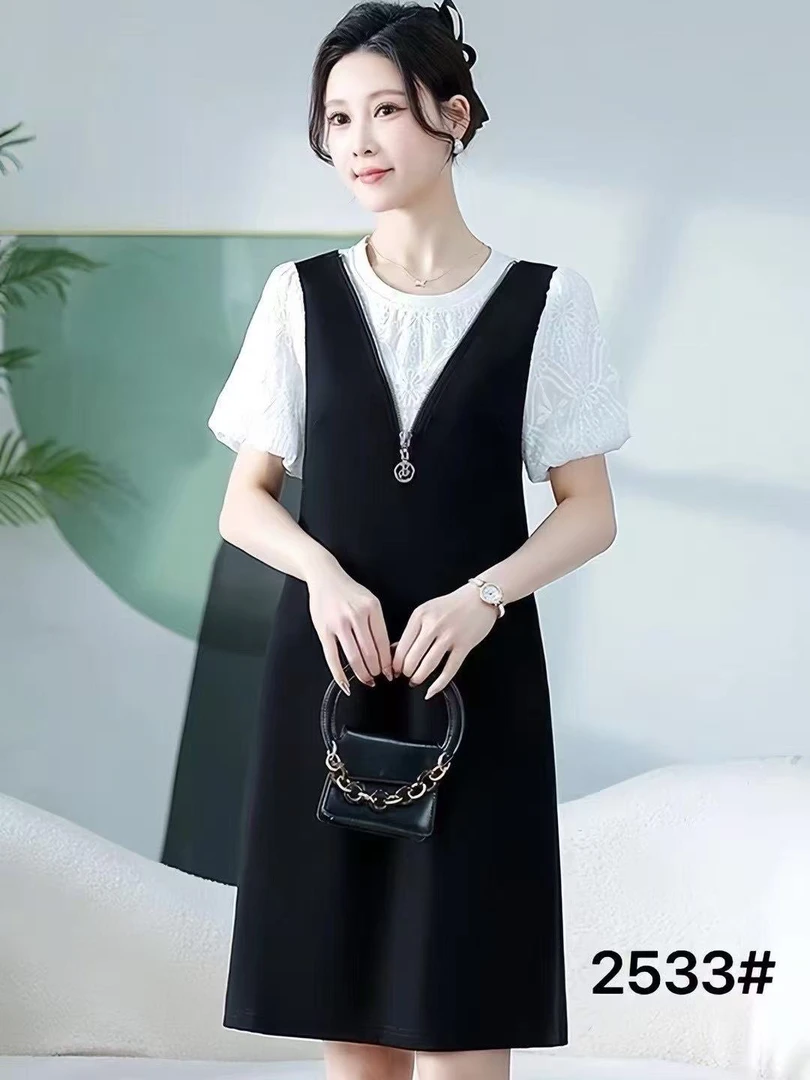 拼接极简风泡泡袖中长裙连衣裙韩版夏季宽松显瘦遮肚裙子夏装