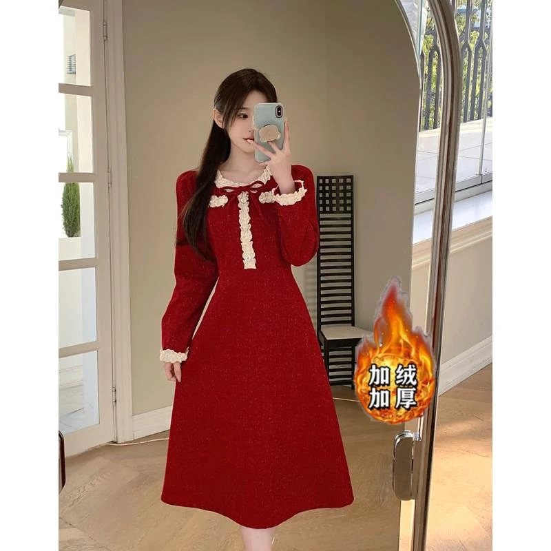 【清仓】大码秋冬加绒连衣裙气质减龄复古宽松收腰A字裙女1424