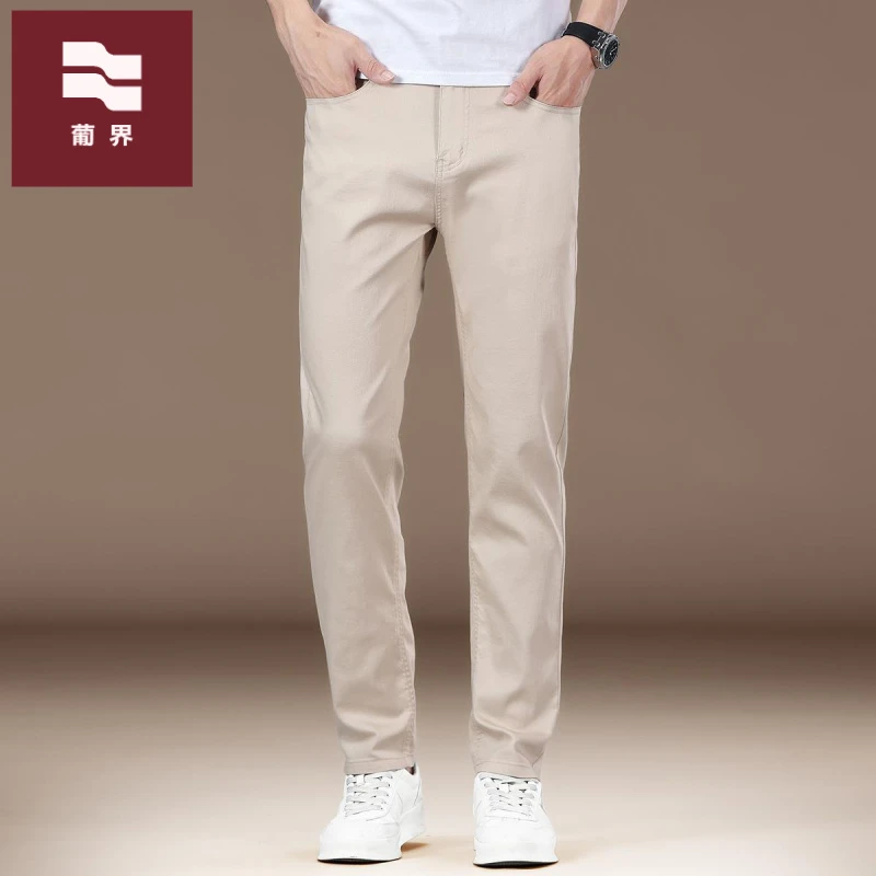 高端卡其色直筒牛仔裤男2025秋季男装莱赛尔弹力修身商务休闲裤子