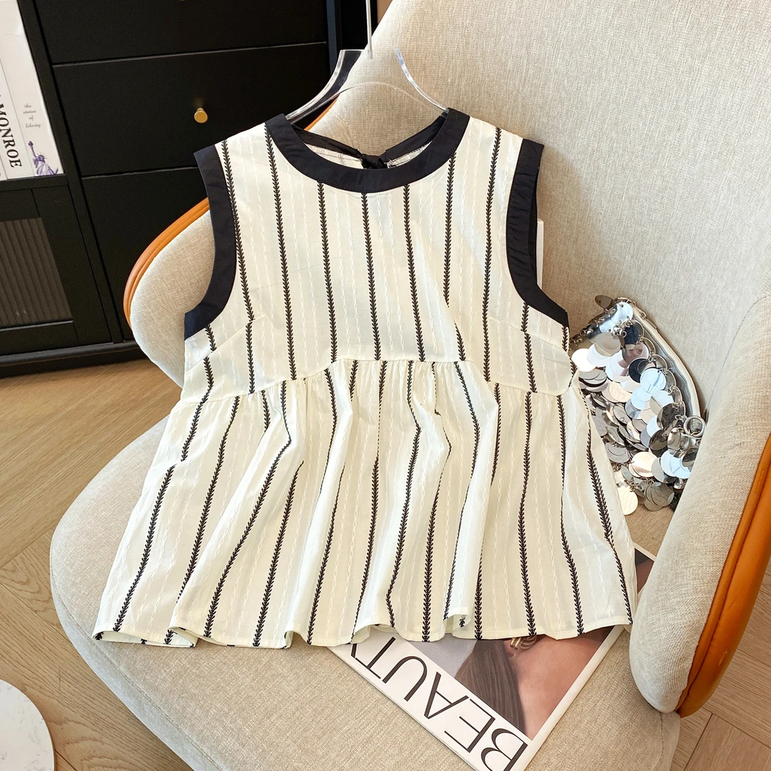 褶皱条纹娃娃衫千金风仙女气质别致甜美小个子无袖衬衫上衣女夏款