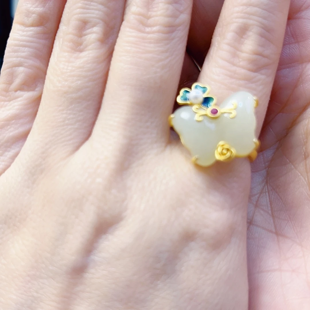 #****和田玉银S925镀金镶嵌戒指