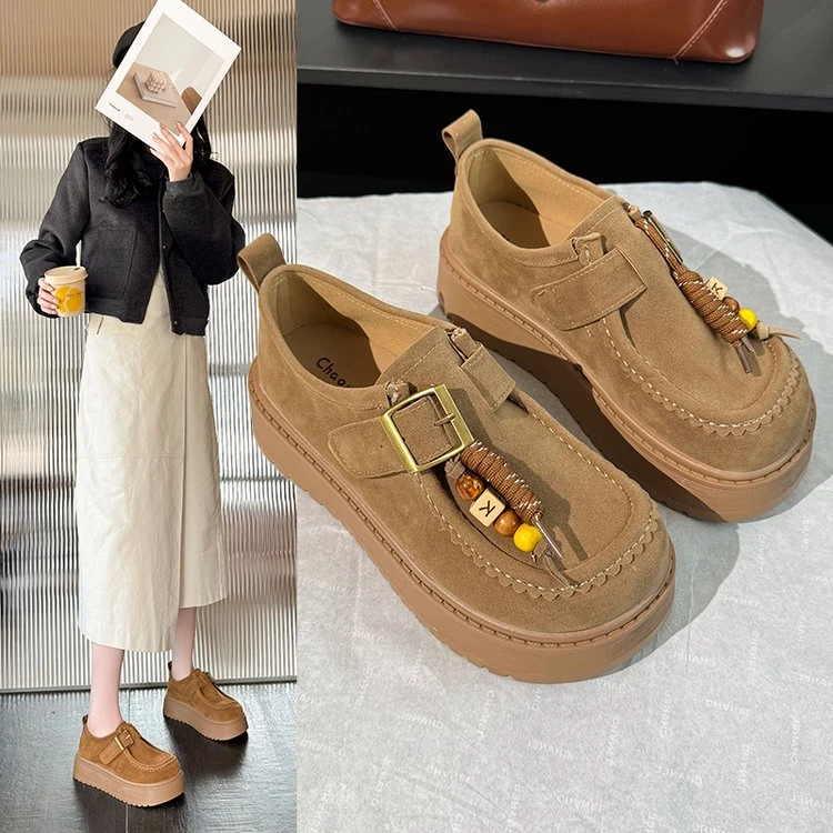 单鞋软底翻毛皮百搭风一脚穿厚底豆豆鞋一字带穆勒鞋秋季懒勃肯鞋