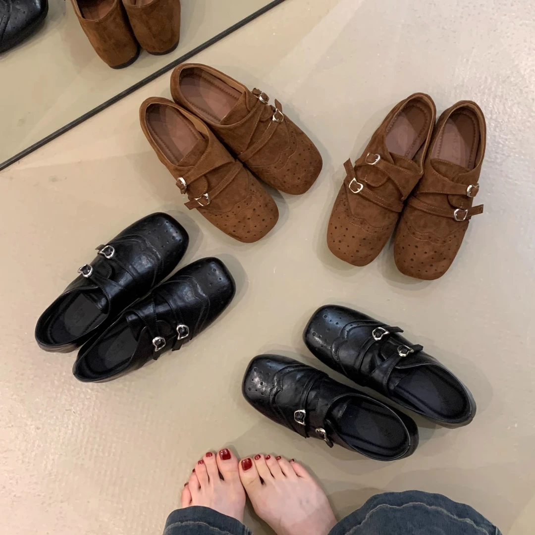 内增高！复古雕花个性金属扣方头秋冬一脚蹬懒人乐福鞋黑色小皮鞋