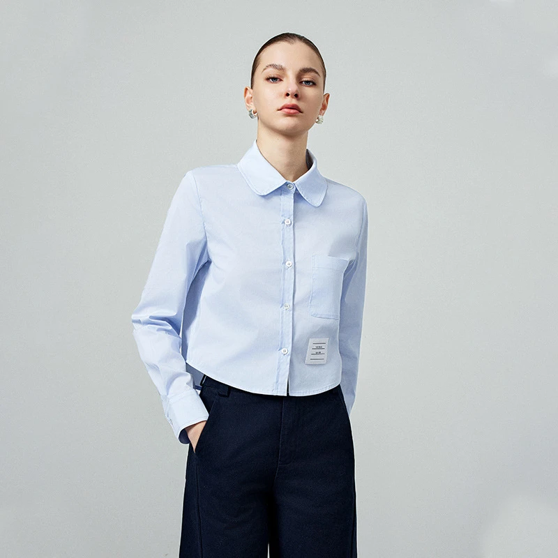 学院风单排扣翻领长袖蓝色衬衫女早春新款气质简约百搭上衣时尚