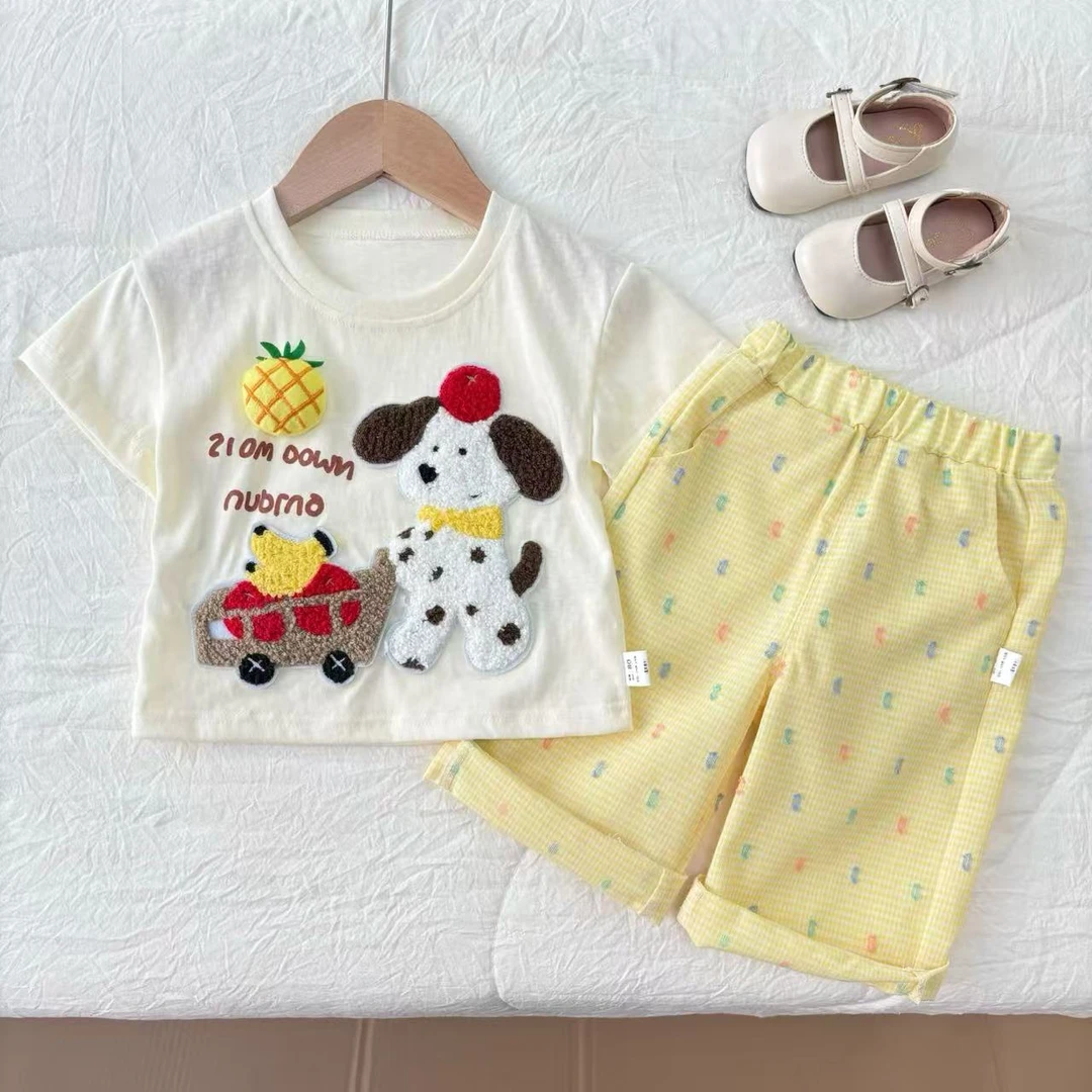 女童夏装2025新款韩系菠萝狗短袖T恤格子裤时尚两件套H-N-B35