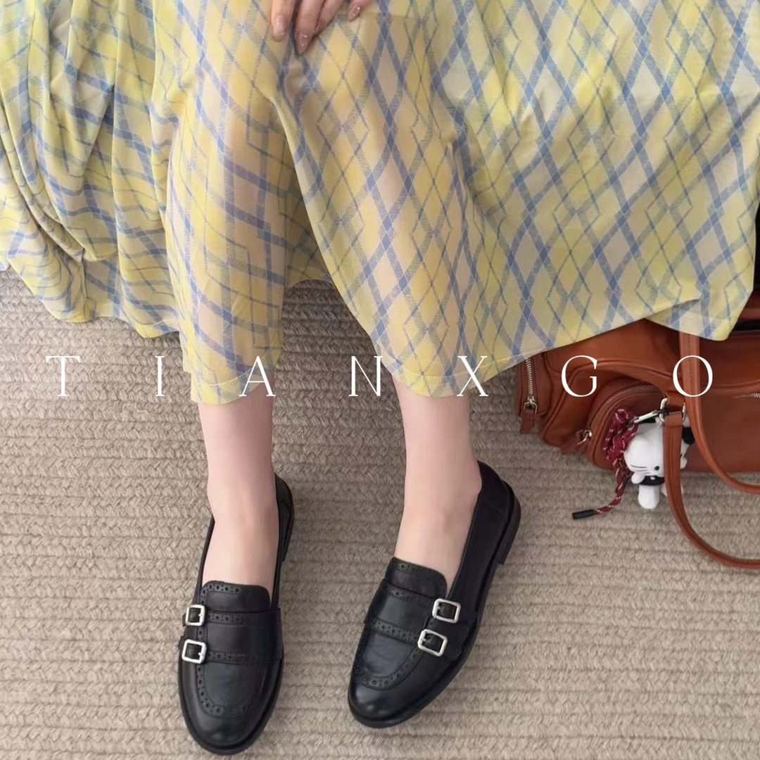 TIANXGO|25new真皮双扣平底单鞋复古英伦雕花女鞋软底软面