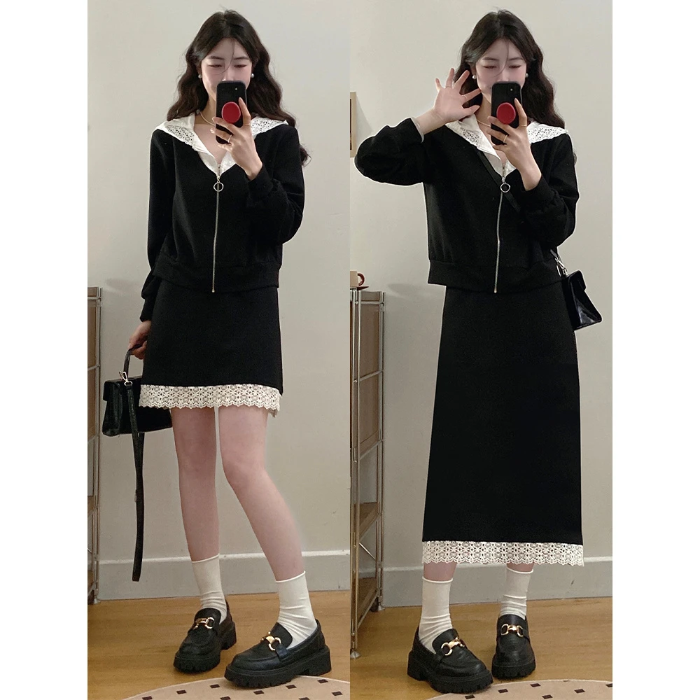 大码女装胖mm新款蕾丝拼接卫衣+半身裙两件套