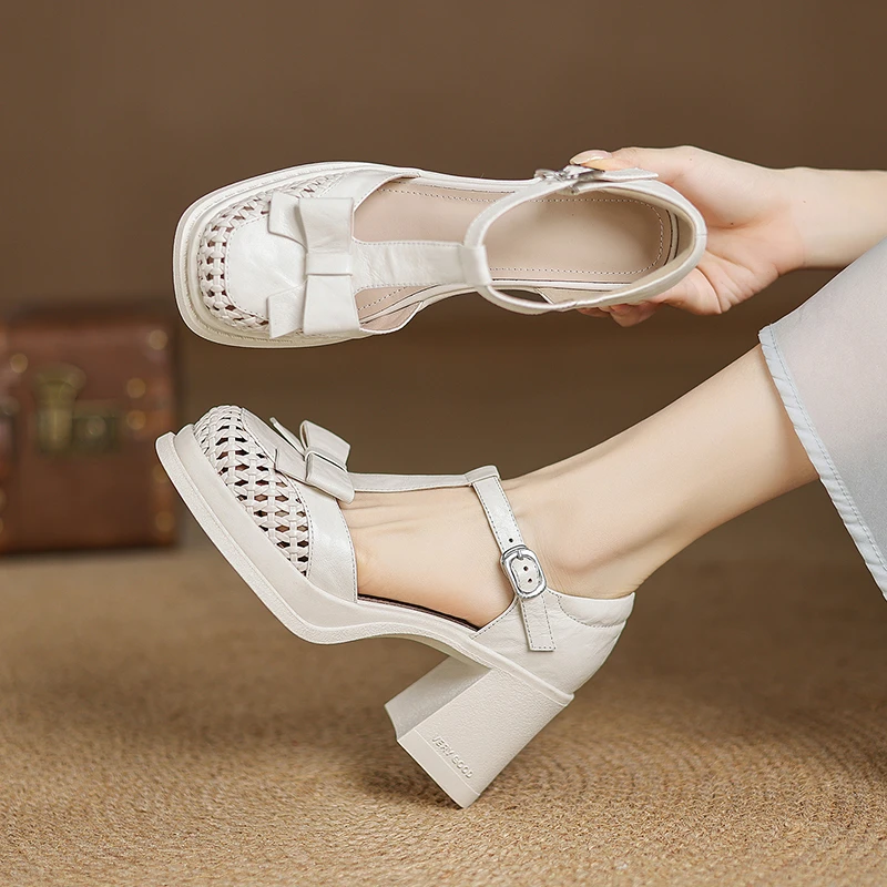 羊皮/7cm时装凉鞋蝴蝶结粗跟包头凉鞋民族风镂空软底复古圆头休闲