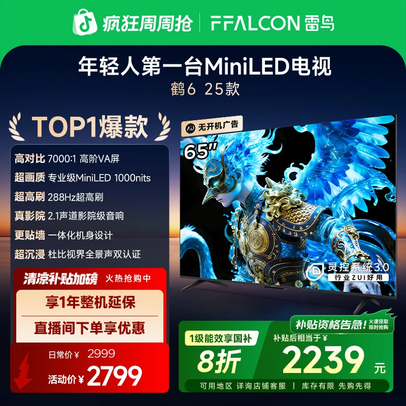 【TOP1爆款】雷鸟鹤6 25款 65英寸 MiniLED高刷高画质电视机