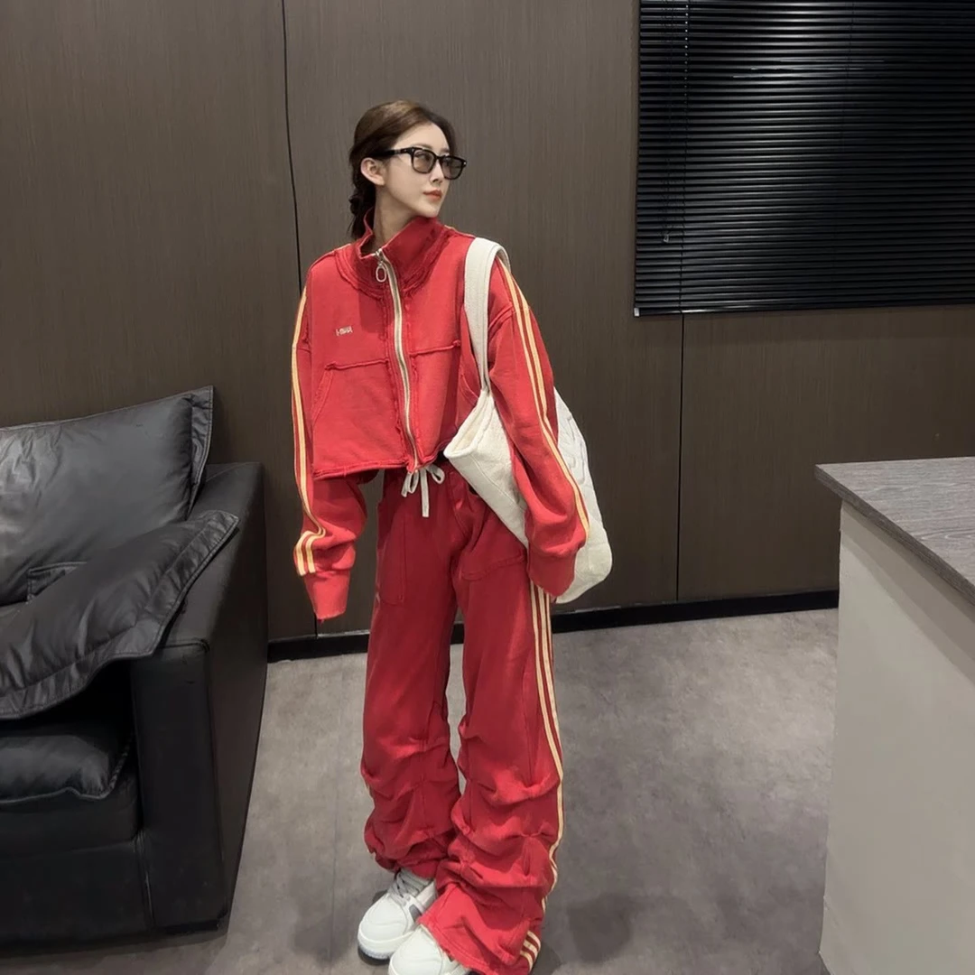 韩版2025秋季新款侧条纹上衣裤子套装女立领长袖外套长裤两件套