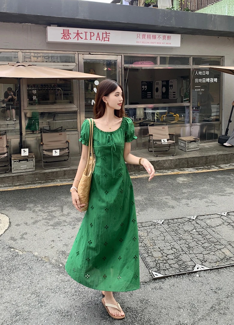 绿色镂空刺绣烧花长款连衣裙显瘦夏季2710#