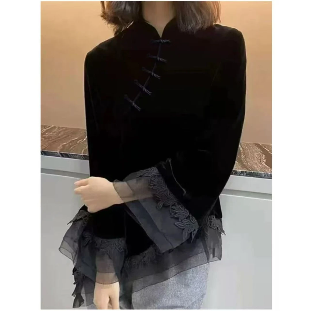 欧洲站复古不规则黑色金丝绒旗袍上衣秋冬立领盘上衣