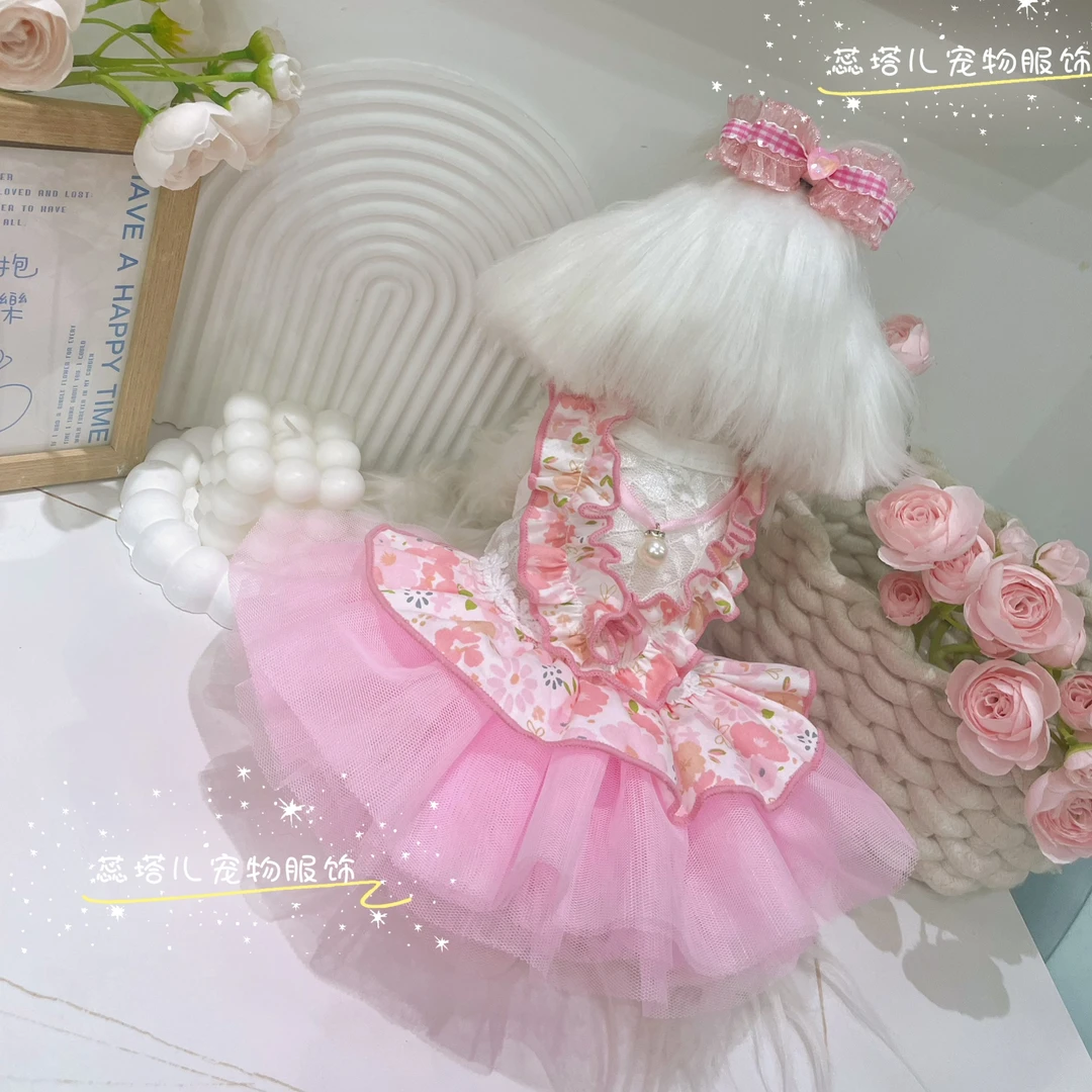中式洛丽塔风宠物公主棉裙蕾丝木耳边宠物仙仙裙狗狗宠物衣服