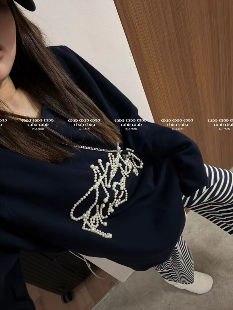 【吃不饱饱】大码 珍珠女孩 重工钉珠圆领卫衣设计感精致上衣506