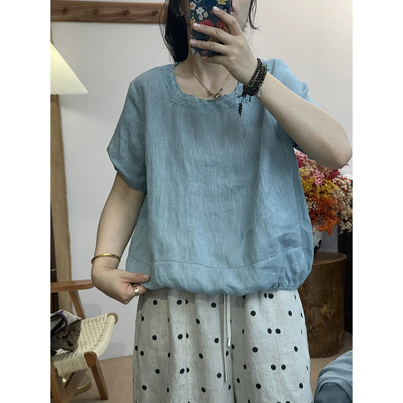 DaoZi/丹丹 休闲方领衬衫文艺夏季宽松镂空100%汉麻上衣 2498