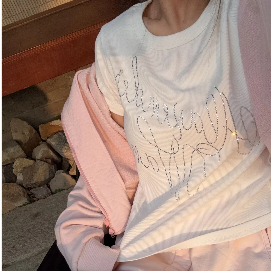 舟舟 【高弹罗纹钻t】T恤时尚百搭宽松设计师圆领