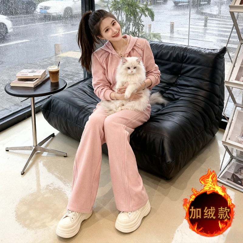 休闲运动套装女秋冬新款时尚减龄纯色连帽开衫外套阔腿长裤两件套