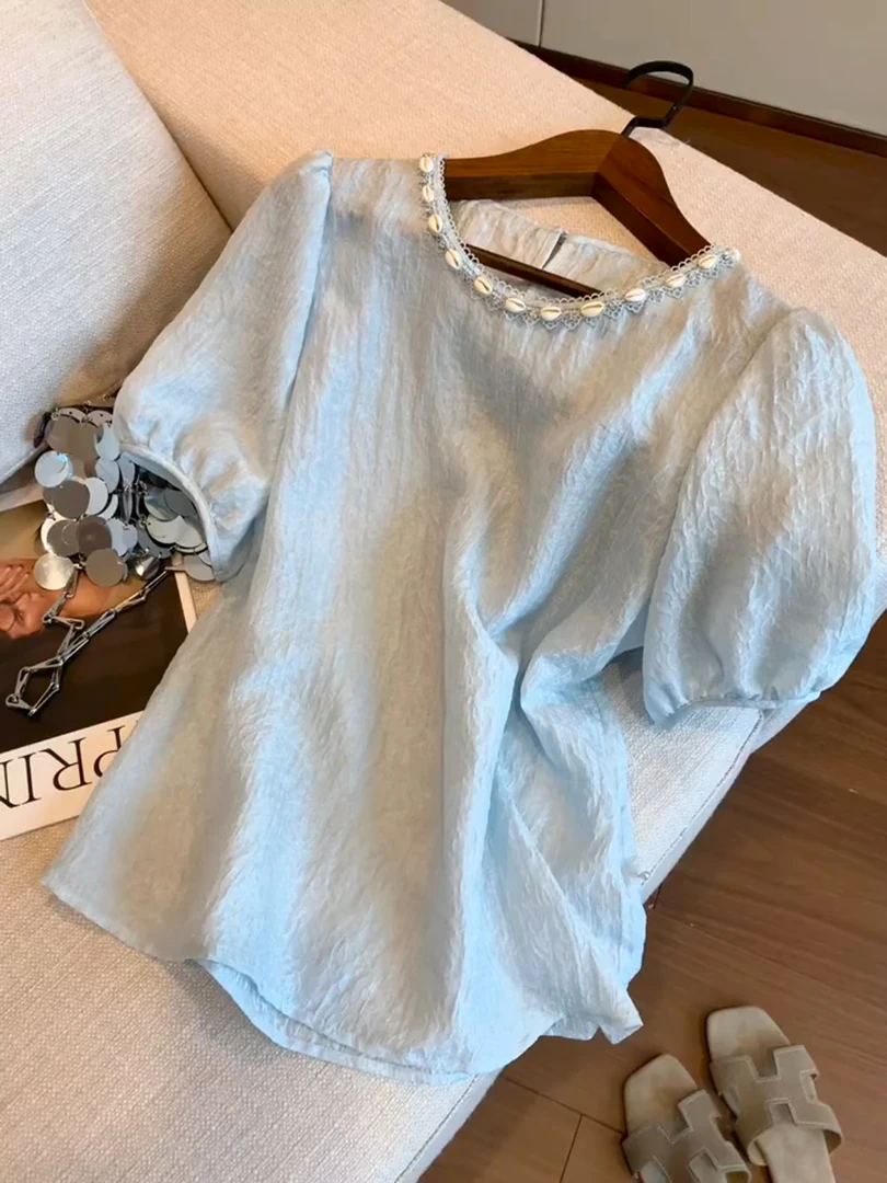 纯欲性感圆领蕾丝拼接立体钉珠短袖T恤女2025夏季新款显瘦上衣ins