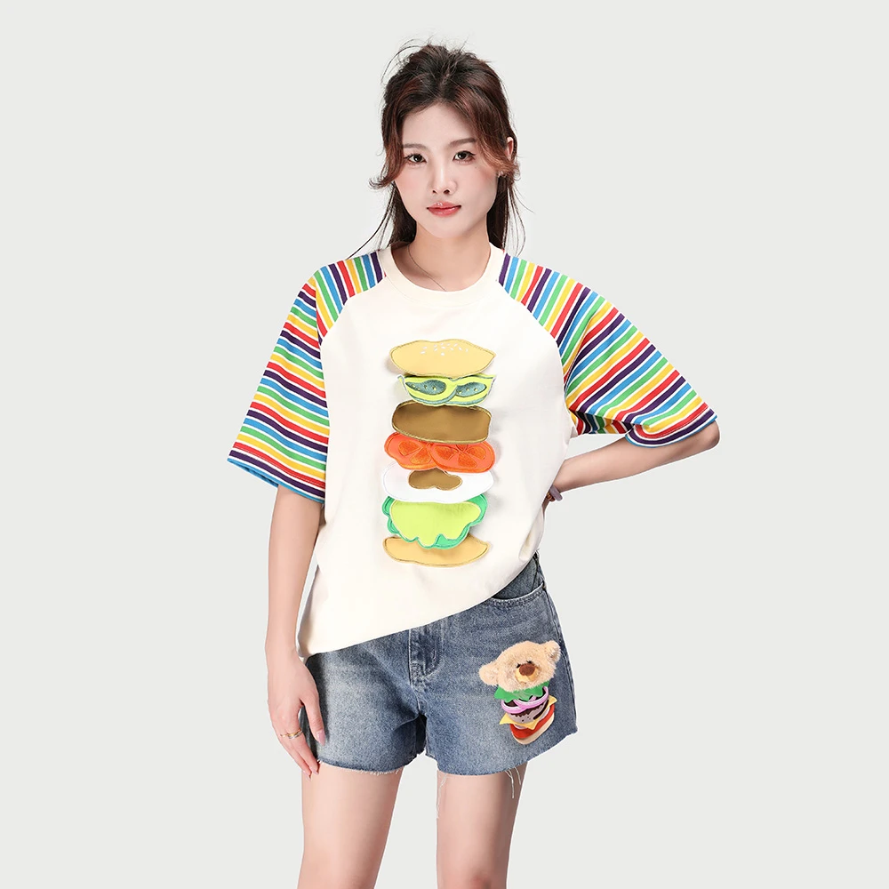 JY3TXD103296设计感撞色彩条拼接汉堡时尚百搭短袖T恤女