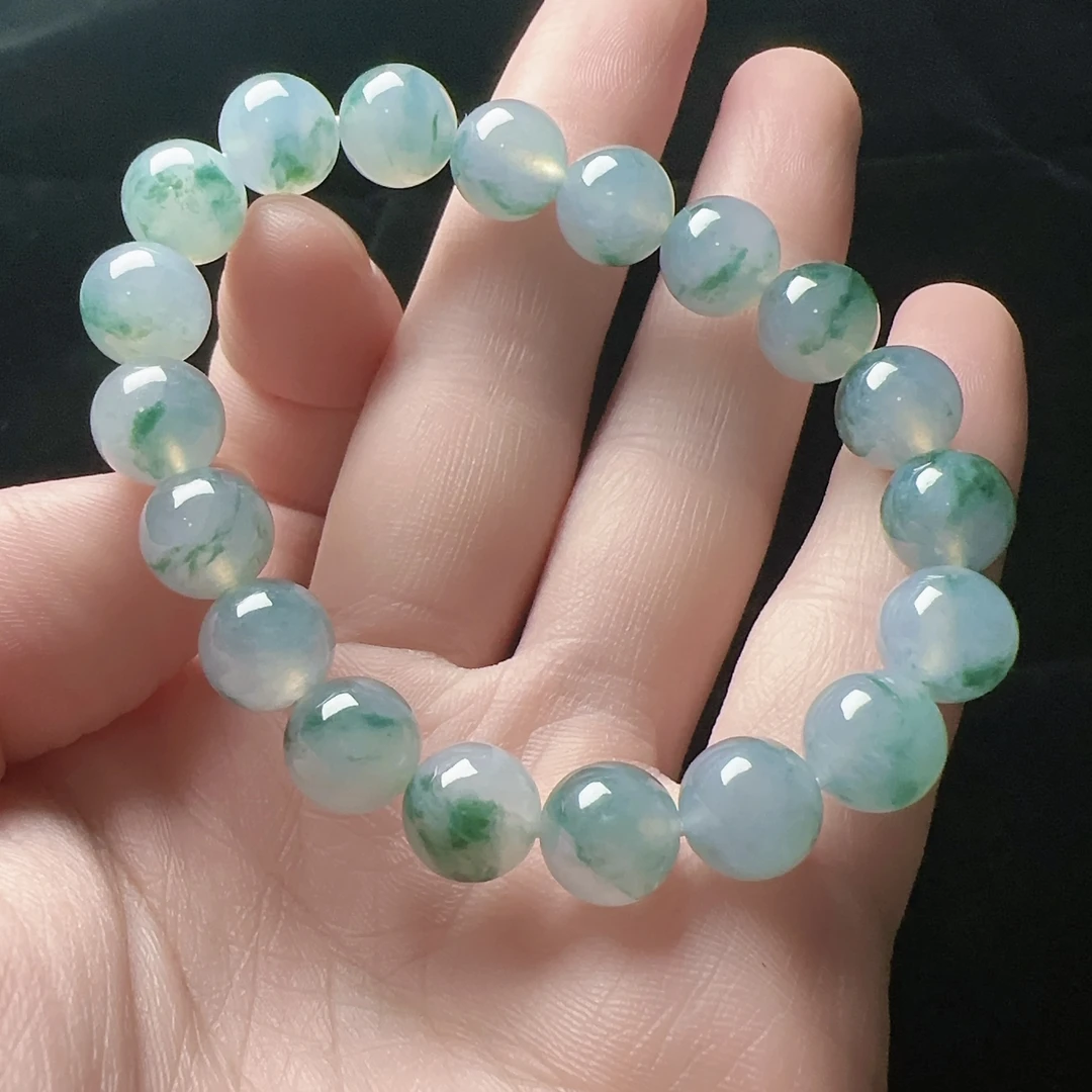 缅甸天然翡翠A货 冰种飘蓝花圆珠手链时尚卡10mm高冰冰透清新