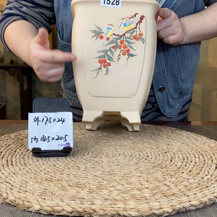 紫砂花盆  白玉段荔枝手绘高四方1528