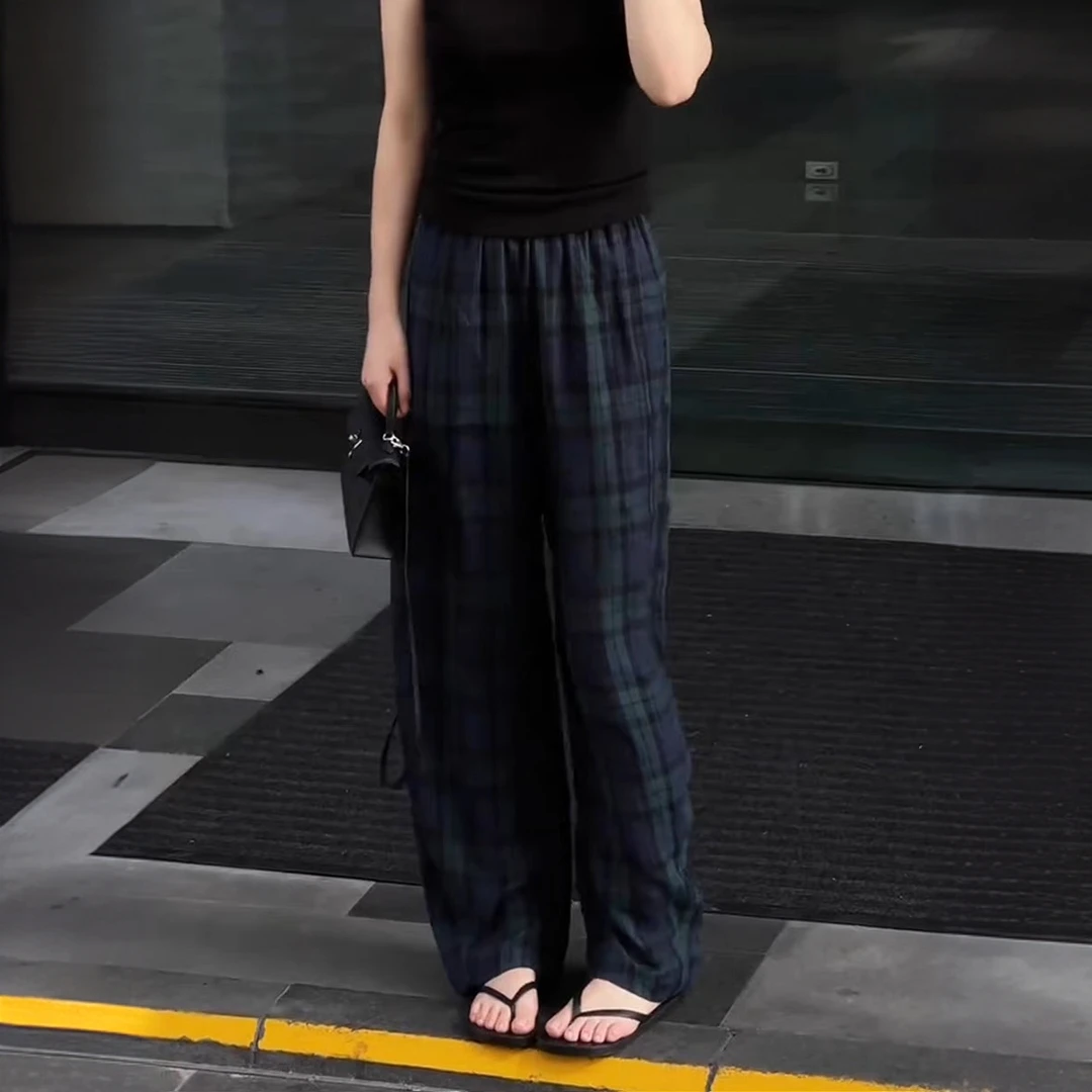独特混色大格子休闲裤女秋季新款高腰宽松松弛感显瘦拖地直筒裤子